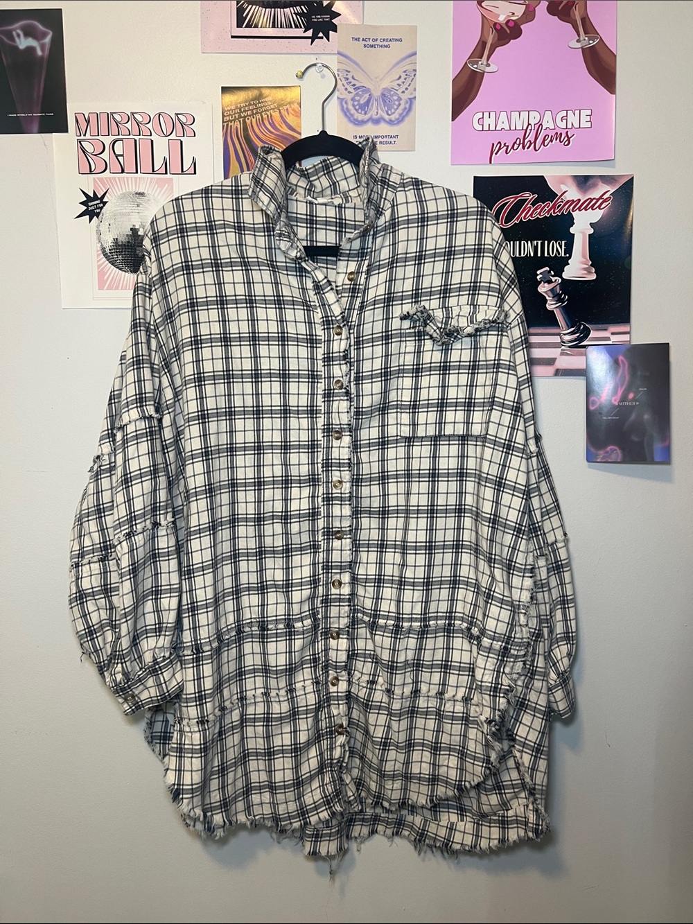easel White, Blue, & Black Plaid Button-Down Shirt Dress